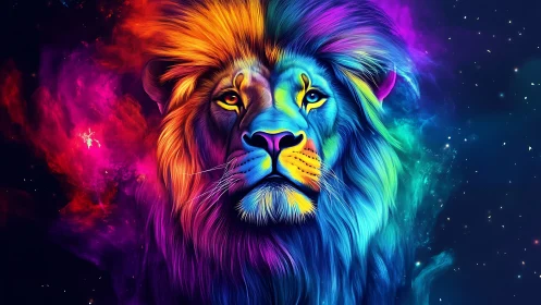 Radiant cosmic lion gazes calmly through swirling neon starlight