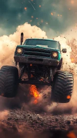 Roaring teal monster truck leaping through fire and dirt.