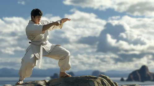 Martial artist in white gi holds forward stance on rocky ledge