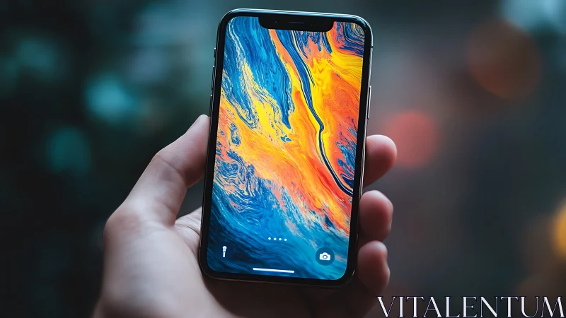Handheld smartphone with fluid abstract OLED display pattern.