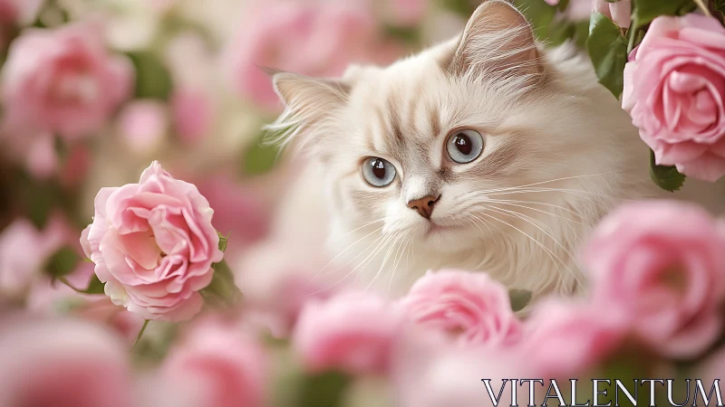 Cream-Colored Cat Surrounded by Pink Roses in Garden Setting.