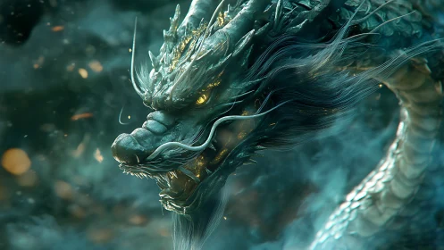 Mystic emerald dragon rising through swirling silver mist.