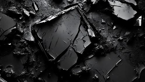 Shattered black glass slabs reflect diffuse light in darkness