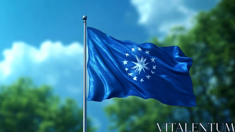 Blue celestial emblem flag waving in natural daylight sky.