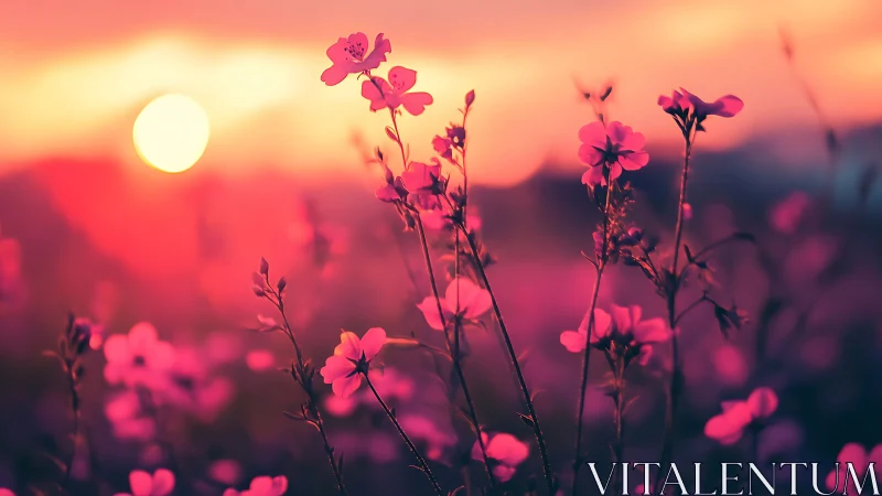 Wildflower silhouettes glow in neon sunset bokeh field.
