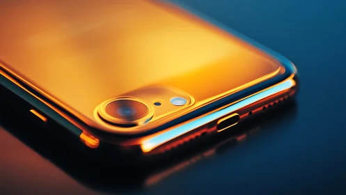 Metallic smartphone with gold-to-blue gradient under dramatic studio lighting.