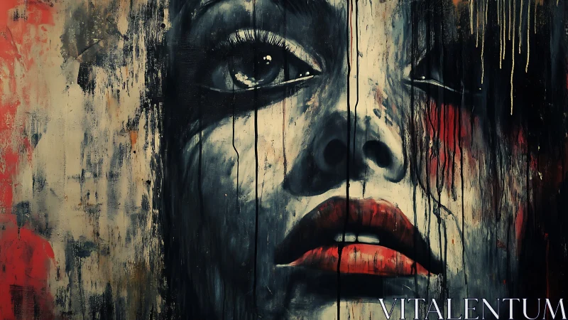 Expressionist portrait with dripping textures and high contrast.