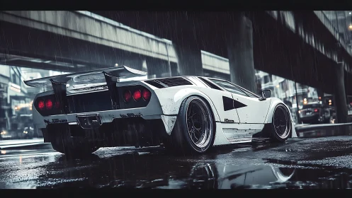 Storm-chasing street supercar idles under neon rain clouds.