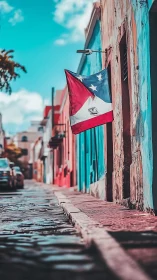 Sunlit cobblestone street with a proud colorful flag.
