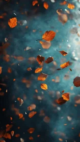 Autumn leaves waltz through teal mist in suspended quiet