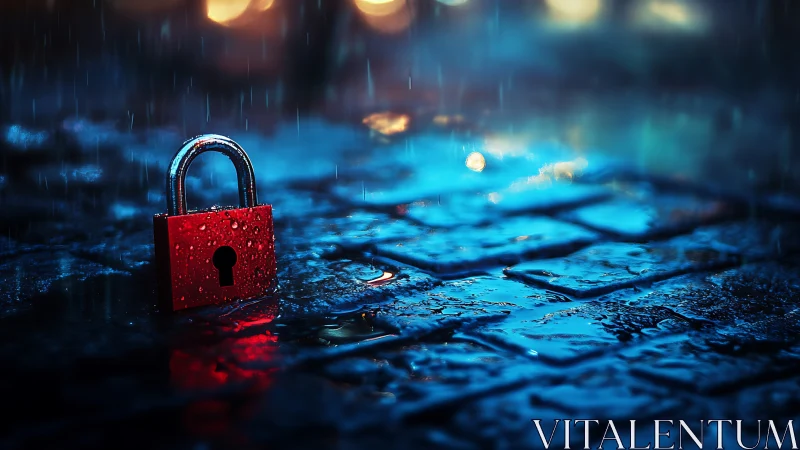 Red padlock glows on wet cobblestones in neon rain.