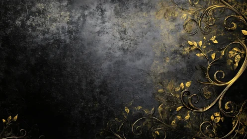 Ornate metallic gold floral scrolls on distressed black texture