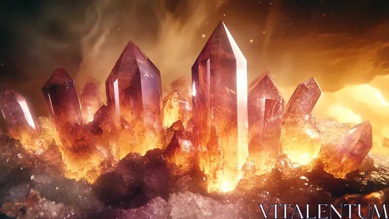 Luminous orange crystal cluster in cinematic volumetric light.