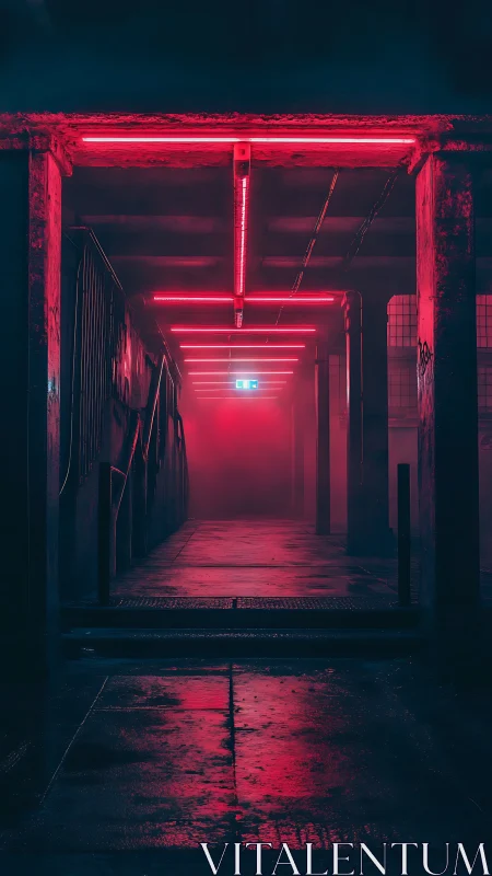 Neon lit industrial corridor with red lights and misty exit.