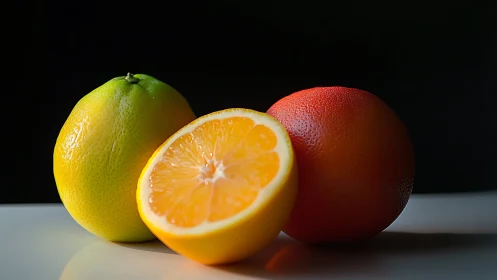 Citrus still life with orange wedge on reflective surface.