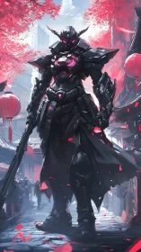Armored cyber samurai dominates neon-lit cherry street.