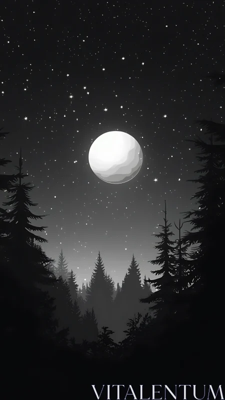 Full Moon Rising Above Dark Forest Landscape.