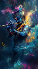 Mystical blue flutist surrounded by swirling cosmic colors.
