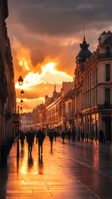 Sunlit European boulevard with reflective wet pavement geometry.