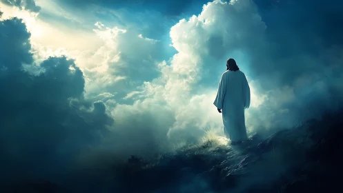 Solitary robed figure walking toward bright sky opening.