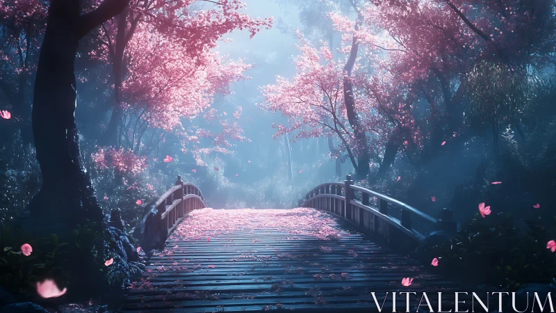 Luminous cherry blossom bridge under volumetric forest light.