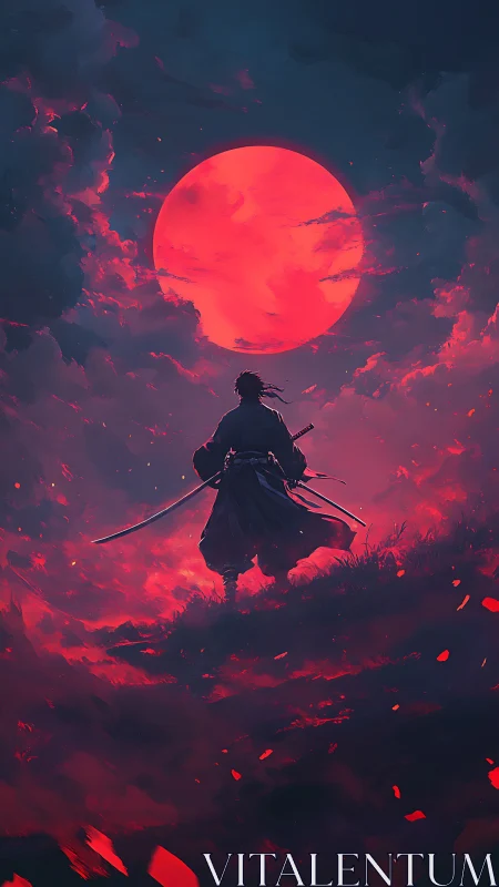 Lone samurai strides beneath a blood-red moonlit sky