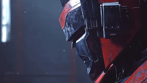 Battle-worn red mech helm catches cold studio light.