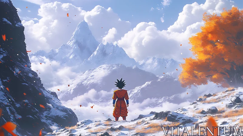Anime character in epic snowy mountain vista composition.