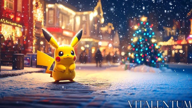 Pikachu stands in snowy city street beside glowing Christmas tree