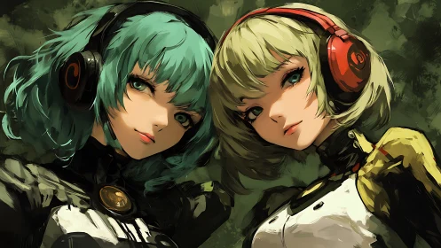 Twin cyber pop idols in vivid anime headset portraits.
