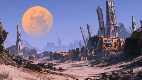 Desert settlement with tall rock spires under large moon