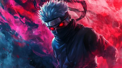 Storm-eyed masked ninja in neon crimson chakra blaze.