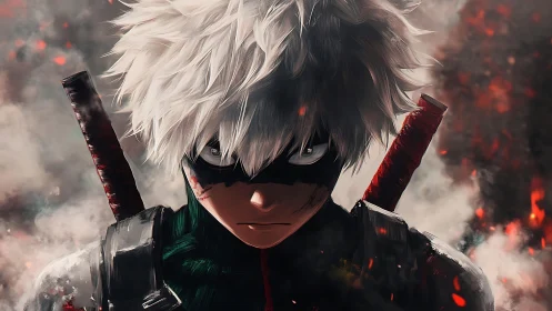 Storm-eyed vigilante sharpens resolve in ember-choked dusk