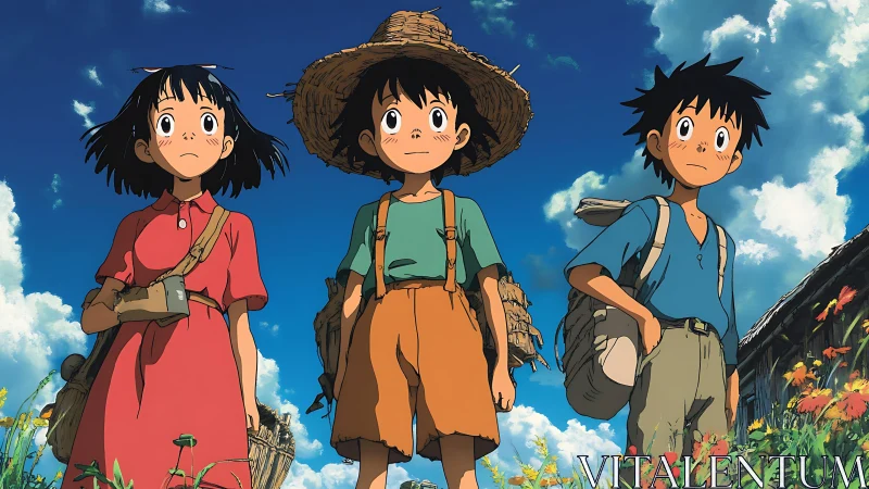Three rural children in bright anime summer landscape scene