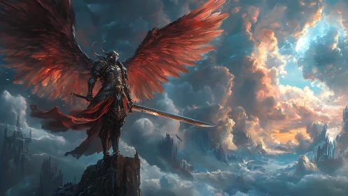 Armored winged warrior overlooking storm-split heavens.
