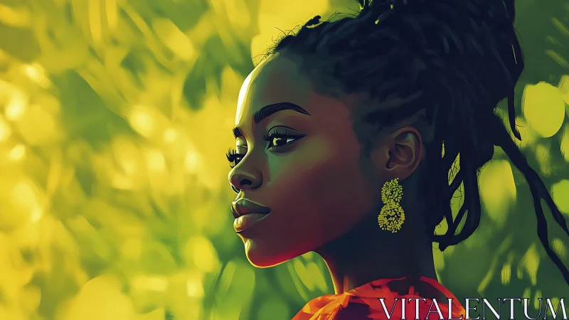 Sunlit muse in gold-green bokeh dreaming outward.