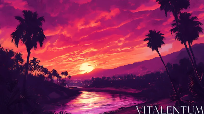 Vibrant palm coast sunset over river and distant city.