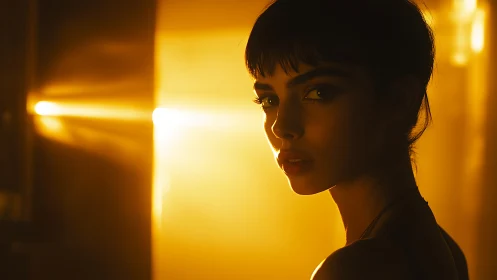 Woman stands in strong golden backlight and looks back