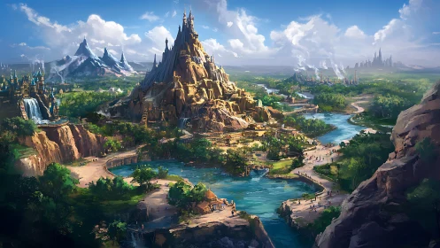 Fantasy landscape illustrates tiered mountain city and rivers