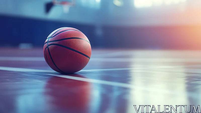 Textured basketball on varnished indoor hardwood court surface