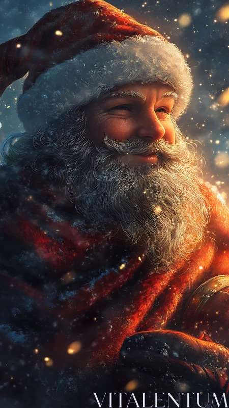 Snowlit Santa portrait wrapped in ember-bright wonder.