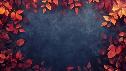 Red autumn leaves frame dark textured background space
