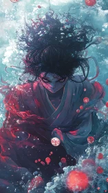 Dark-haired warrior sinking through turbulent ocean depths.