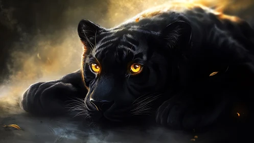 Black panther resting on ground in low warm backlight scene.