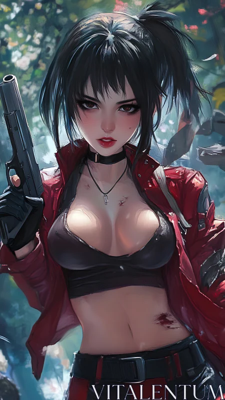 Gun-wielding anime heroine stands wounded yet unbroken.