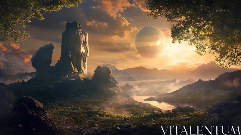 Sunlit alien valley and silent stone monolith at dusk.