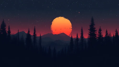 Midnight forest glow under a rising ember moon.