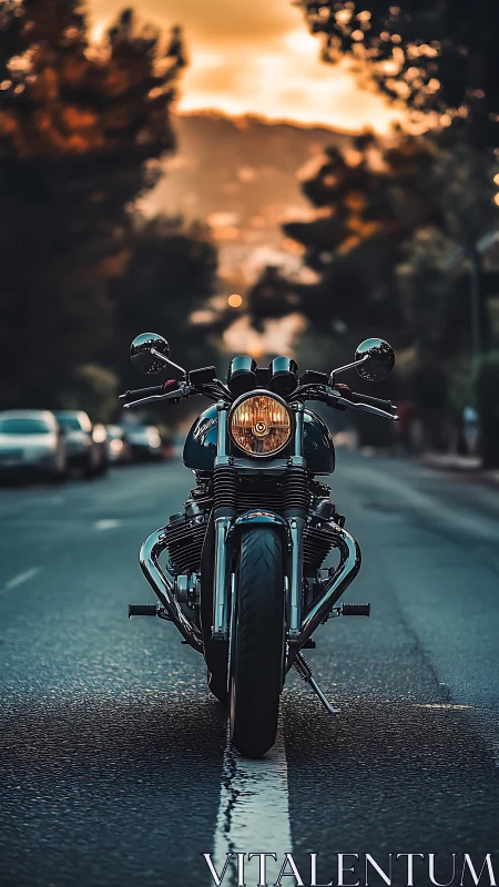 Motorcycle stands centered on urban street at sunset
