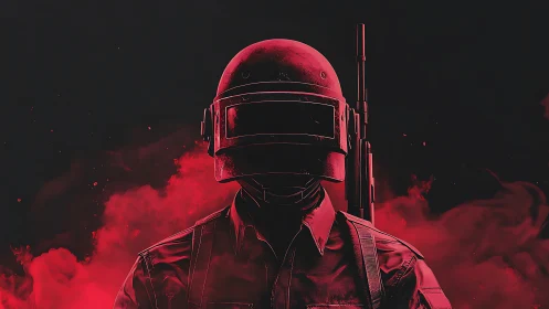 Vivid red gamer hero standing bold in swirling battle fog.
