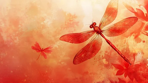 Red dragonfly illustration overlays atmospheric watercolor field